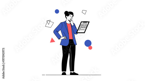 Businesswoman analyzing data on tablet, abstract shapes, modern flat illustration