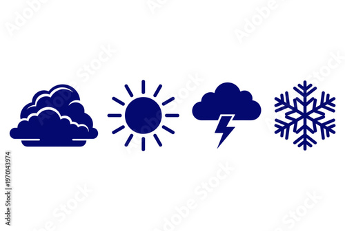 Weather Forecast Icons Set Featuring Clouds, Sun, Thunderstorm and Snowflake, Blue Silhouette Meteorological Symbols for Climate and Environment App
