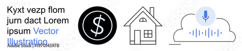 Finance, real estate investments, smart home solutions, remote data storage, voice technology, digital innovations. Dollar sign, house and voice input on cloud. Finance and real estate