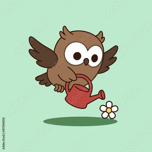 Cute Brown Owl Character Flying and Watering a Small Flower with a Red Watering Can, Gardening and Nature Care Concept Vector Illustration Scene