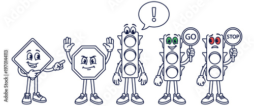 Cartoon traffic characters with expressive faces and road signs set.