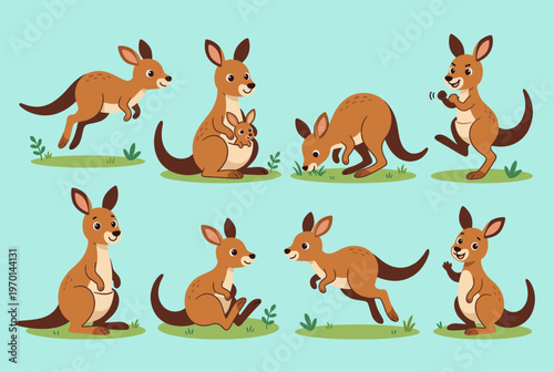 Cute Kangaroo Characters Set with Different Poses and Actions, Jumping, Eating, Standing, and Mother Kangaroo with Joey in Pouch Vector Illustration