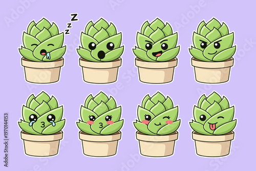 Kawaii Succulent Plant Emojis Set with Various Facial Expressions and Emotions, Cute Potted Plants Sleeping, Crying, Winking, and Laughing Vector Icons