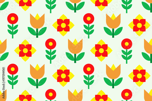 Colorful seamless floral pattern with minimalist geometric flowers. Modern flat vector illustration featuring tulips and daisies in red, orange, and yellow on a pale background.