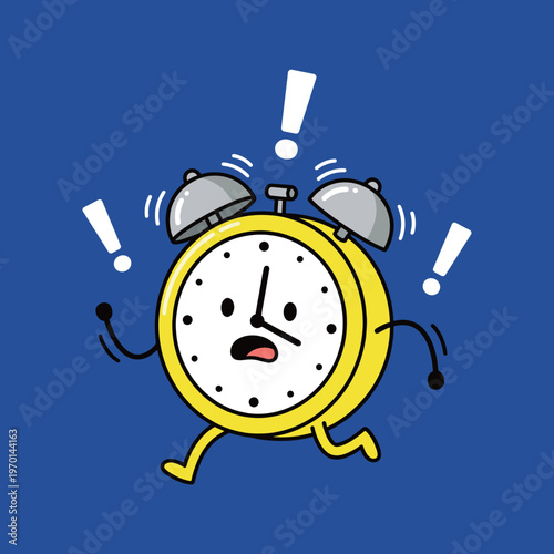 Cartoon Alarm Clock Character Running in Panic with Exclamation Marks, Deadline Concept, Time Management and Urgency Illustration Isolated on Blue