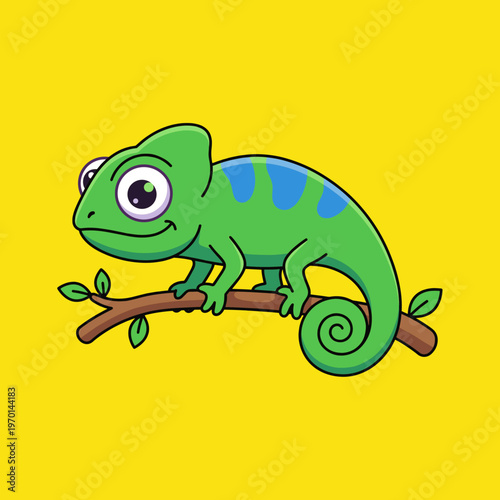 Cute Cartoon Chameleon Sitting on a Branch Vector Illustration, Colorful Lizard Mascot with Big Eyes and Curled Tail Isolated on Yellow Background