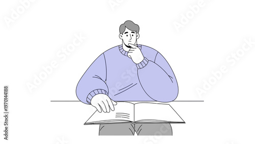 Man Thinking While Reading Book - Illustration of Concentration and Study
