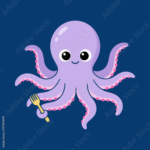Cute Purple Octopus Character Holding a Yellow Fork, Seafood Restaurant Concept, Underwater Marine Animal Cartoon Vector Illustration on Dark Blue