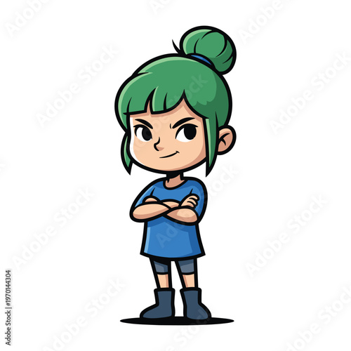 Cute cartoon illustration of a young girl with green hair and blue shirt standing confidently.