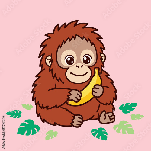 Adorable Baby Orangutan Holding a Banana, Cute Monkey Character in Jungle with Monstera Leaves, Funny Rainforest Animal Vector Illustration for Kids