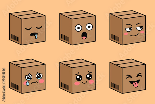 Set of Funny Cardboard Box Emoticons with Facial Expressions, Cute Delivery Package Characters, Happy, Sad, Crying and Sleepy Box Icons for Shipping