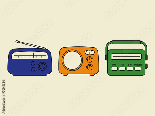 Set of Vintage Radio Receivers in Retro Style, Classic Analog Radio Icons in Blue, Orange and Green Colors, Antique Media Broadcasting Vector Set