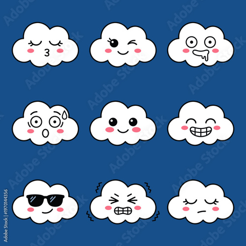 Collection of Cute Kawaii Cloud Emoticons with Different Emotions, Funny Cloud Character Faces Set, Happy, Sad, Angry, Sleepy and Surprised Clouds Vector