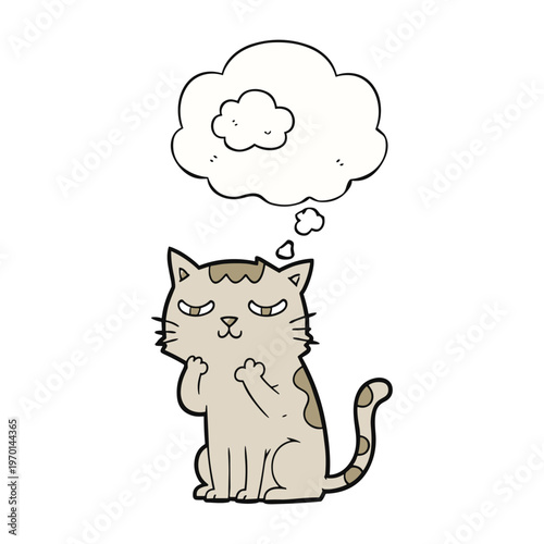Cartoon illustration of a gray spotted cat with a thoughtful expression and a cloud bubble.