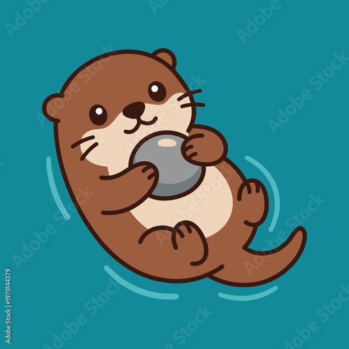 Adorable Sea Otter Floating on Water and Holding a Stone, Cute Marine Animal Character Mascot, Funny Otter Wildlife Vector Illustration for Children