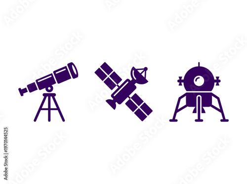 Space Exploration Equipment Silhouette Icons Set with Telescope Satellite and Moon Lander Vector Symbols for Astronomy Science and Research