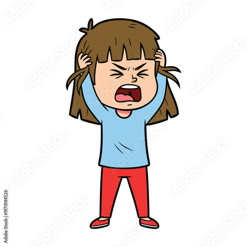 Cartoon illustration of a young girl screaming in frustration while pulling her own hair.