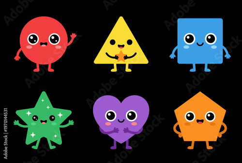 Cute Geometric Shapes Characters Set with Funny Faces and Arms Vector Illustration for Kids Education Preschool Learning and Creative Design