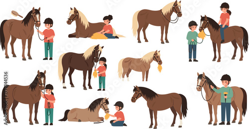 Horse Care and Equestrian Character Icon Set Featuring Kids Riding Feeding Grooming and Training Horses for Stable Management and Pony Club Educational Guides