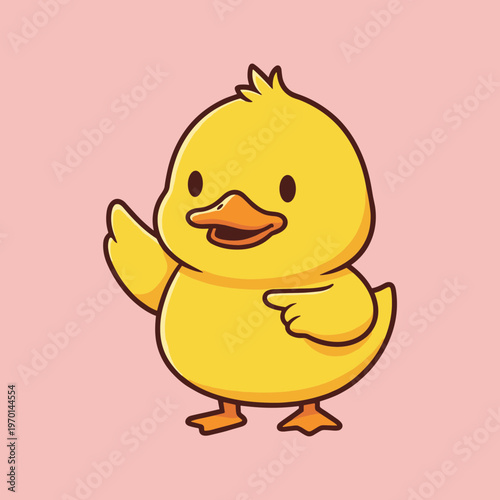 Cute Little Duckling Cartoon Character Waving and Pointing, Adorable Yellow Duck Bird Illustration for Children Education and Farm Animal Concept