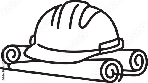 Black Line Icon of Construction Helmet Resting on Rolled Blueprint Minimalist Engineering Safety Concept Vector Illustration