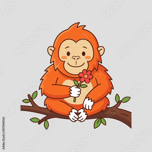 Cute Baby Orangutan or Monkey Sitting on Tree Branch Holding Red Flower Vector Cartoon Character Illustration for Wildlife and Nature Design