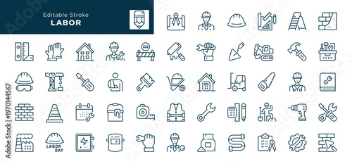 Labor. Set of outline icons. Construction, renovation, build, builder, tool, helmet, excavator, roller, spatula, wheelbarrow, project and more. Line icon in linear style. Vector collection	