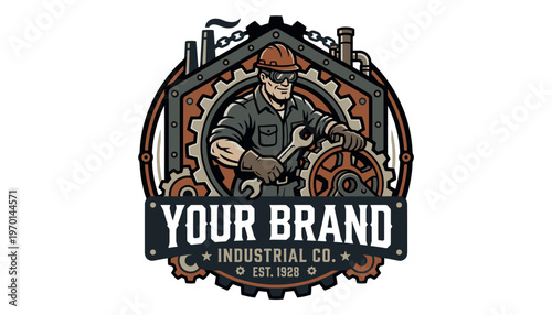 Industrial company logo with worker and gear.