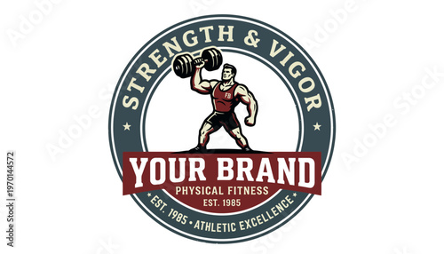Fitness logo with muscular man lifting weights.