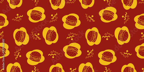 seamless pattern of burger vector illustration. burger and abstract squiggles on red background. modern flat food pattern