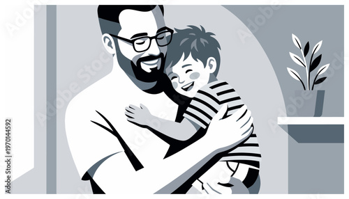 A bearded man hugging a child.