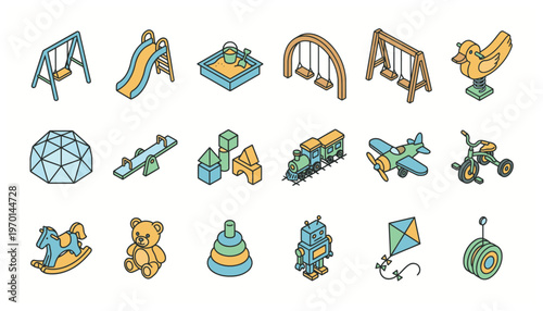 Colorful illustration of children's playground and toy icons.