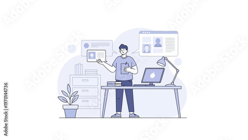 Man presenting resume online, remote work, job search, digital recruitment, flat design