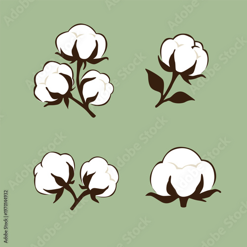 Cotton plant icons set with cotton flowers and branches. Minimal flat botanical illustration for textile design, eco branding, organic fabric and natural material concepts isolated on background.