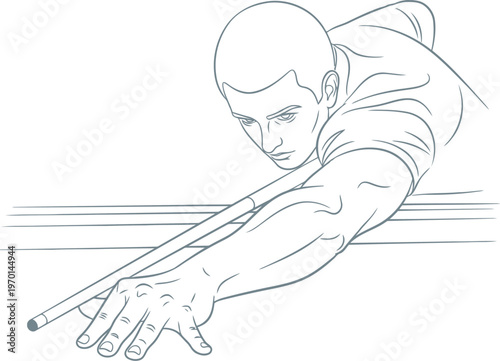 Sketch of a professional billiard player aiming a shot with a pool cue stick on a table
