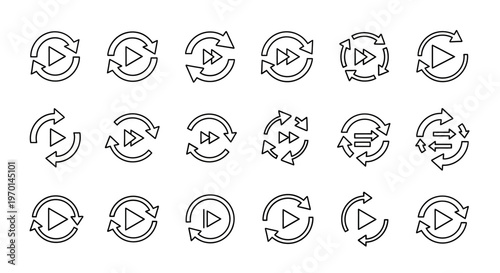 Digital Play, Refresh, and Repeat Controls Line Icons Set