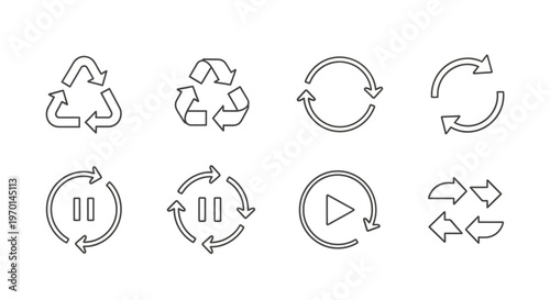 Distressed Line Art Icons: Recycling, Refresh, Play, Pause, Loop, Shuffle Symbols