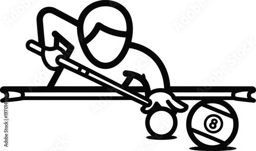 Simple line art icon of a male player aiming a pool cue stick at a white billiard ball