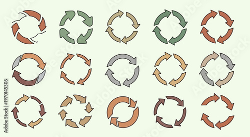 Hand-drawn circular arrows set: cycle, refresh, process, loop icons in earthy tones