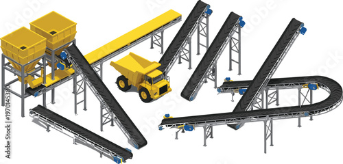 Web"3D rendered industrial conveyor system with hoppers, inclined belts, and large yellow dump truck for bulk material handling, mining, and construction illustration"