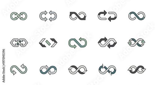 Infinity Loop and Repeat Arrow Symbols Collection. Endless Cycle Vector Icons Set.
