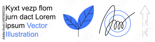 Nature, creativity, growth, abstract design, conceptual innovation, direction. A blue leaf, abstract scribble encircled and a dashed upward arrow. Nature and creativity in abstract concepts
