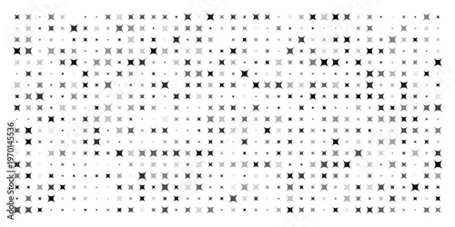 A black and white abstract image composed of numerous small scattered x shaped markings on a white background