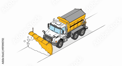 Isometric Snow Plow Truck Clearing Road Vector Illustration, Heavy Duty Winter Maintenance Vehicle Isolated on White