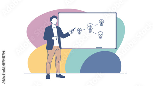 Man presenting ideas on whiteboard with lightbulb diagram, business concept
