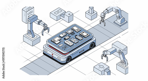 Isometric Illustration of an Automated Smart Factory with Robotic Arms and Autonomous Mobile Robot Transporting Electronic Components and Microchips