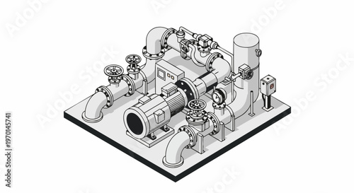 Isometric Industrial Pumping System with Pipes, Valves, and Motor - Technical Mechanical Engineering Illustration