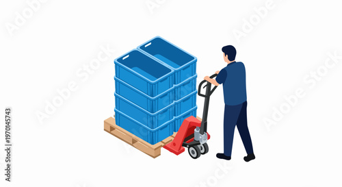 Isometric Warehouse Worker Using Pallet Jack to Move Plastic Crates on Wooden Pallet