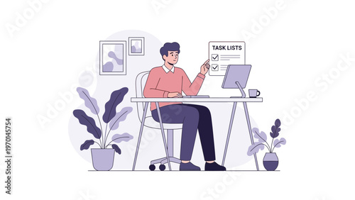 Man working at desk checking task list, productivity, remote work, home office