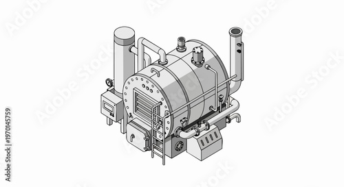 Isometric Industrial Boiler System Illustration - Grayscale Line Art Furnace with Pipes and Control Panel